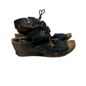 Miz Mooz black leather Sierra demi-wedge lace up gladiator sandals size 42 (10.5